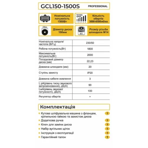 ZEGOR Мережева болгарка 1500W /круг d150 /Регулятор обертів /36міс.гарантія