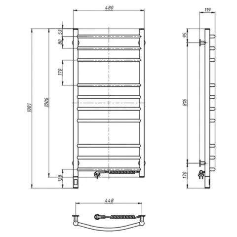 Рушникосушка електрична Камелія 480х1000 Чорна Sensor ( Ліва, 188 Вт)