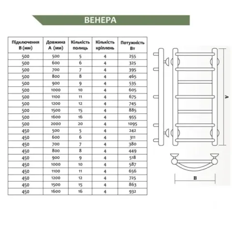 Рушникосушка Венера (АТ.5.2) 500*700 (нержавіюча сталь, нижнє підключення)