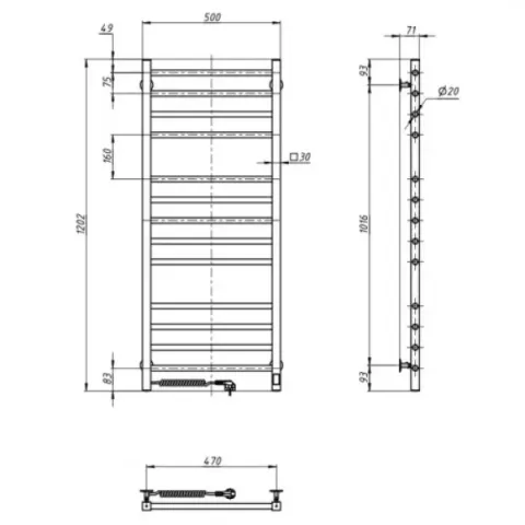 Рушникосушка Класік Квадро нержавіюча 500*1200 Sensor (Ліва, 102Вт)Sensor