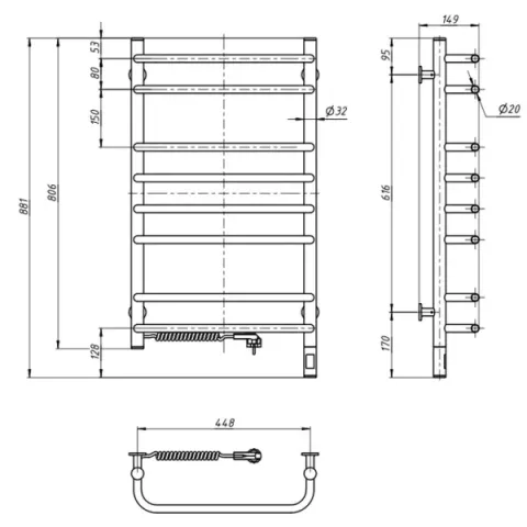 Рушникосушка електрична Симфонія 480х800 Sensor (Ліва, 192Вт)