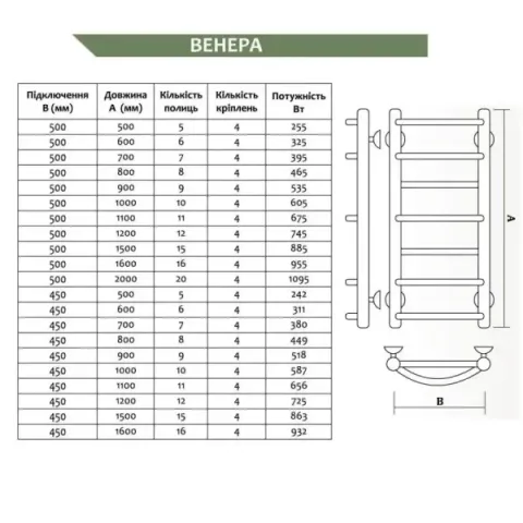Рушникосушка Венера (АТ.6.2) 400*800 (нержавіюча сталь, нижнє підключення)