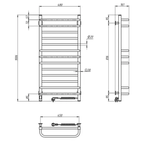 Рушникосушка електрична Грандіс 480х1000 ЧОРНА Sensor (Права, 226Вт)