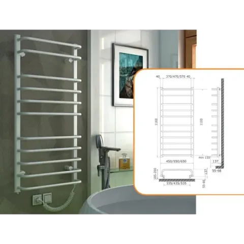 Рушникосушка електрична Heizung 1160x550/ ПРАВА / БІЛА / 228Вт /з терморегулятором