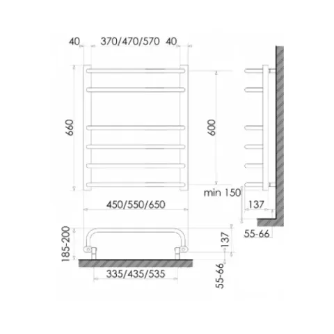 Рушникосушка електрична Heizung 660x550/ ЛІВА / БІЛА / 135Вт /з терморегулятором