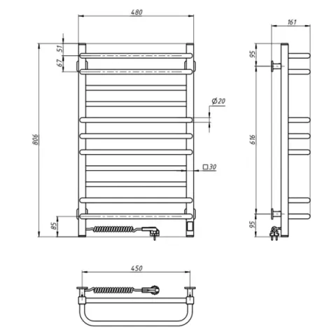 Рушникосушка електрична Грандіс 480х800 ЧОРНА Sensor (Ліва, 223Вт)