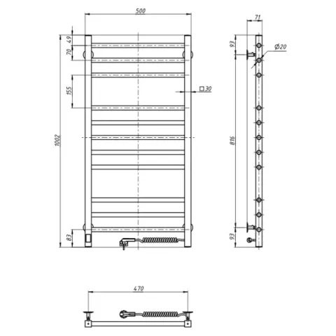 Рушникосушка Класік Квадро нержавіюча 500*1000 Sensor (Права, 102Вт)Sensor