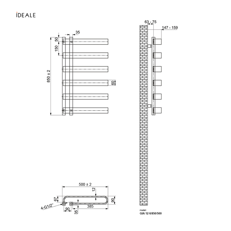 Рушникосушка дизайнерська Ideale Gia 11 6/850/500 антрацит 2