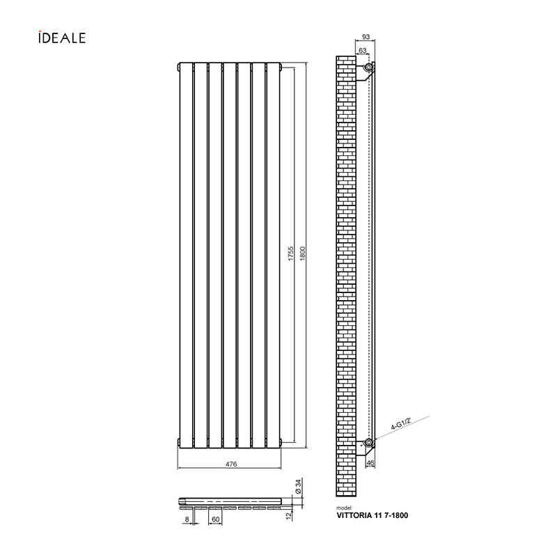 Радіатор дизайнерський Ideale Vittoria 11 7/1800/476 чорний 2