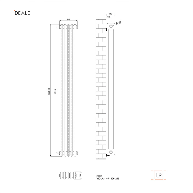 Радіатор дизайнерський Ideale Viola 13 5/1800/245 чорний 3