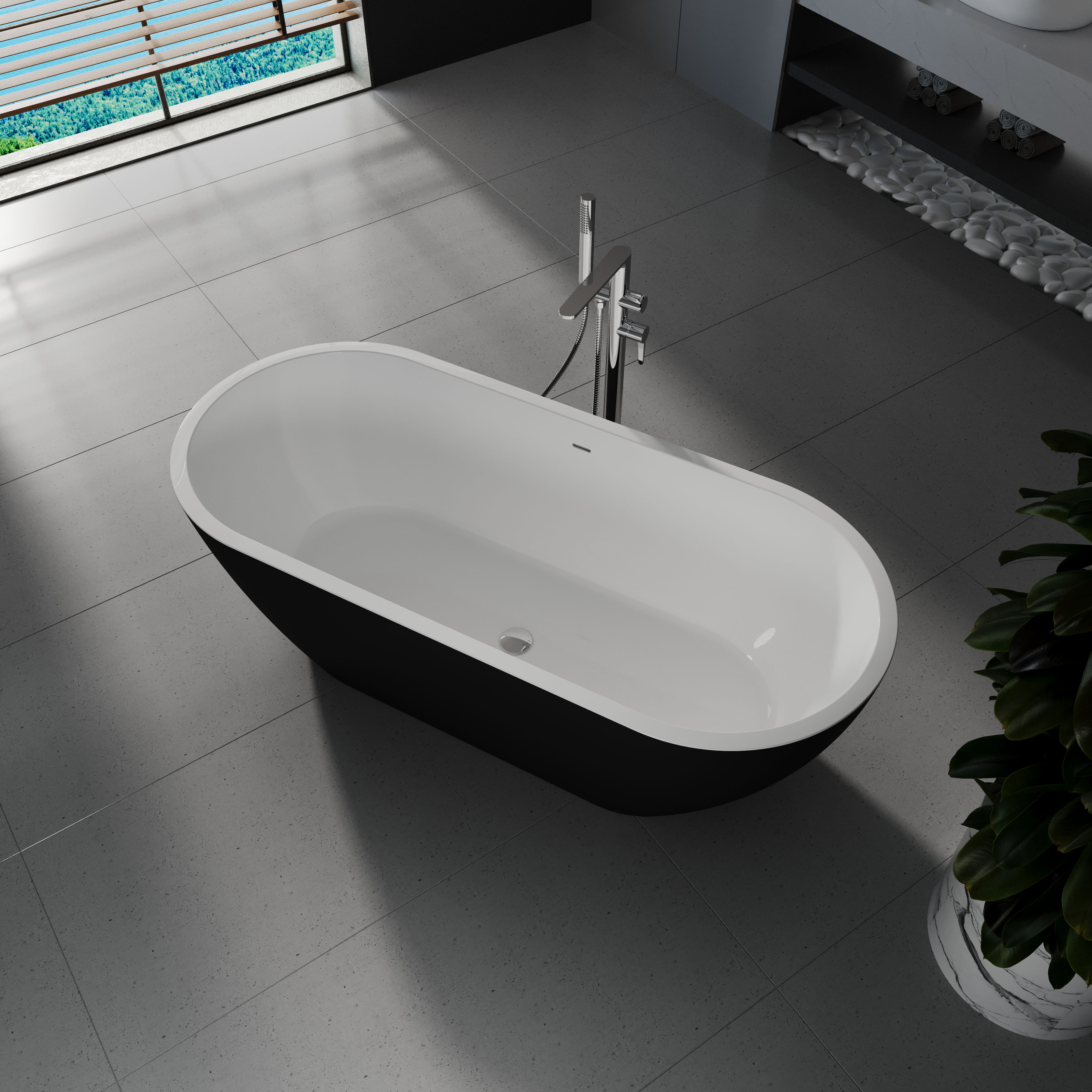 Ванна акрилова окремостояча суцільнолита AquaLuxe 1700x750 White/Matt Black з сифоном 2