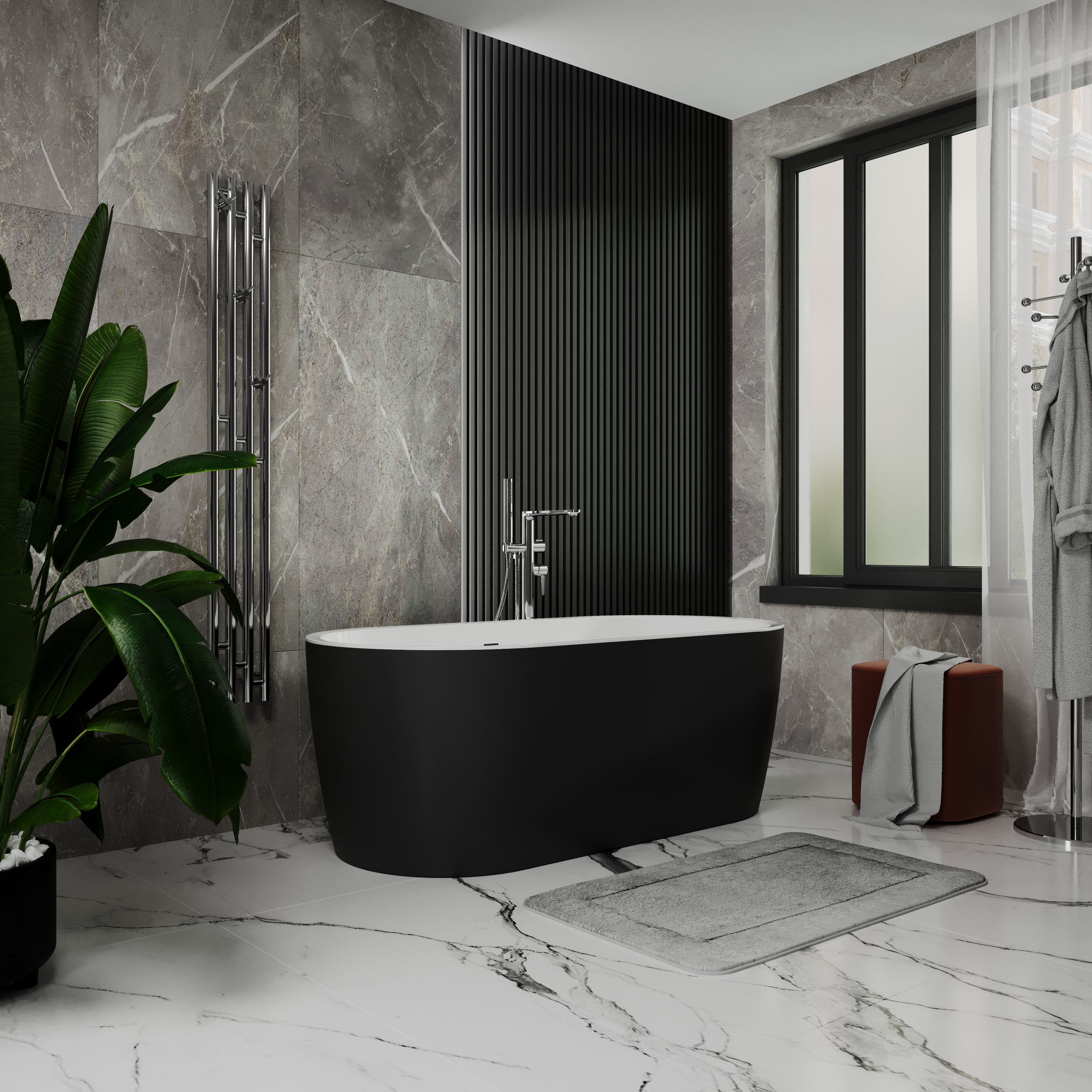 Ванна акрилова окремостояча суцільнолита PureLine 1600x800 White/Matt Black з сифоном 2