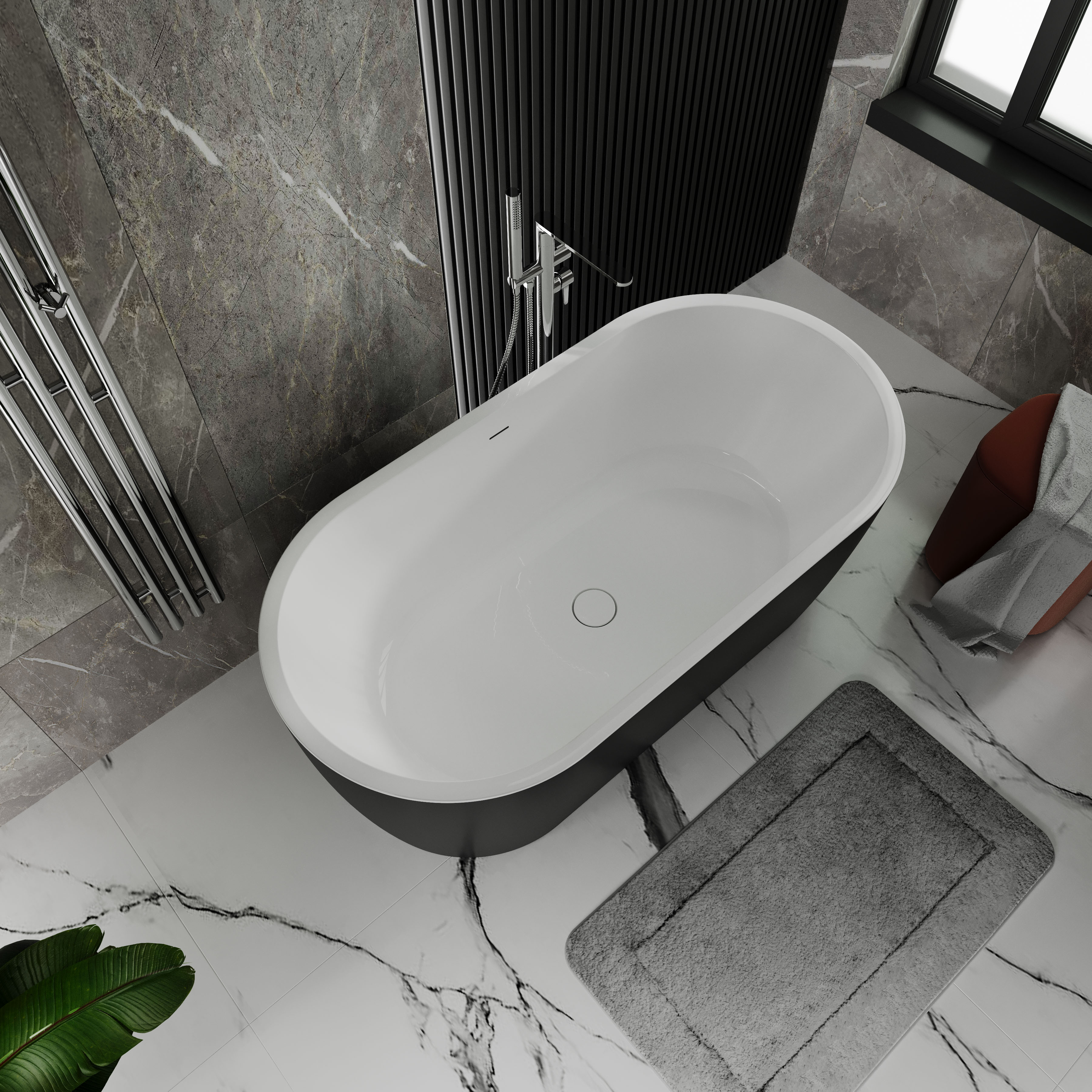 Ванна акрилова окремостояча суцільнолита PureLine 1600x800 White/Matt Black з сифоном 3