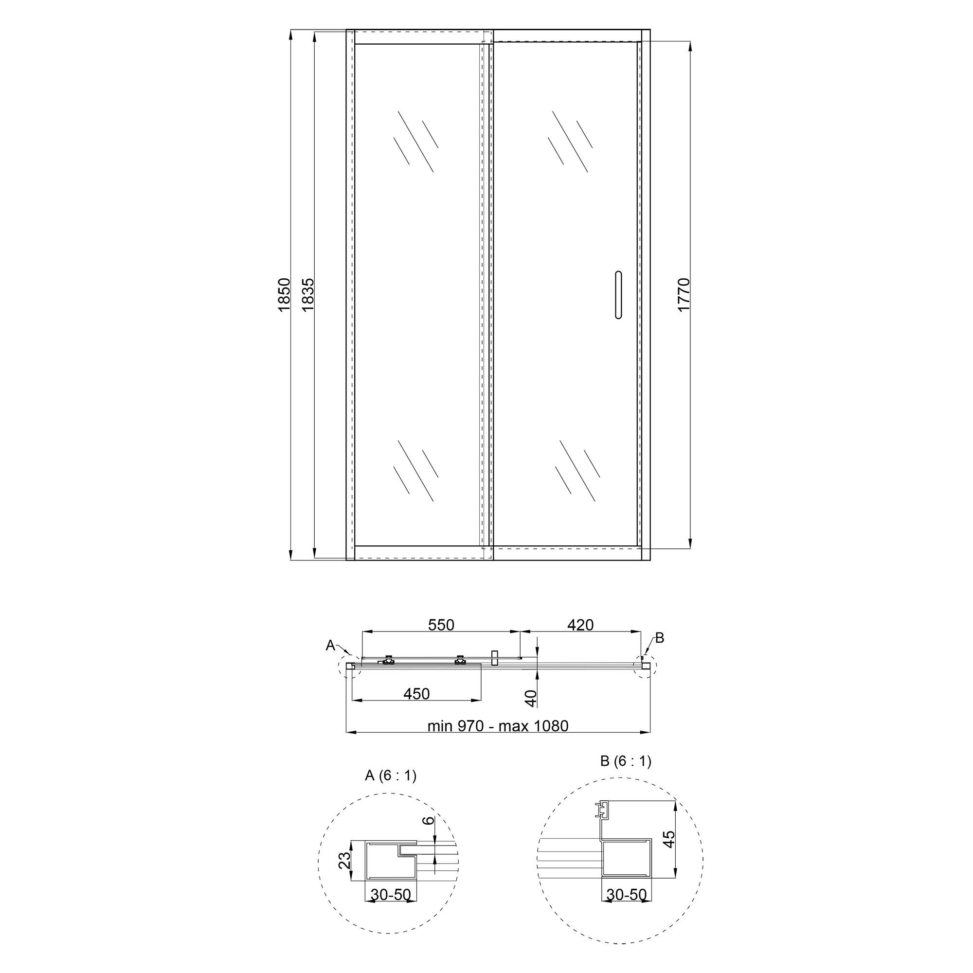 Душові двері в нішу Qtap Taurus CRM201-11.C6 97-108x185 см, скло Clear 6 мм, покриття CalcLess 1