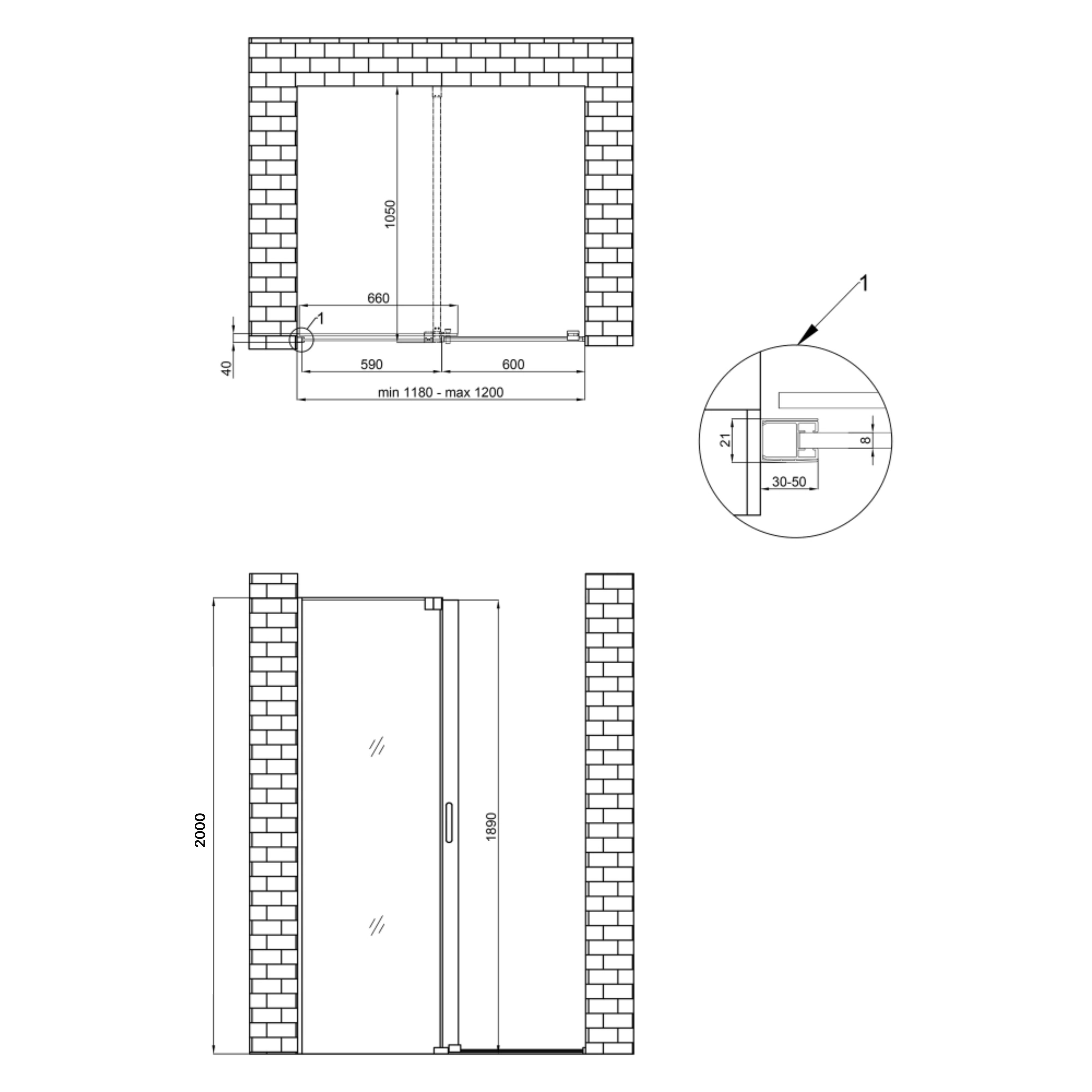 Душова перегородка Qtap Walk-In Glide CRM2012.C8 120х190 см, скло Clear 8 мм, покриття CalcLess 1