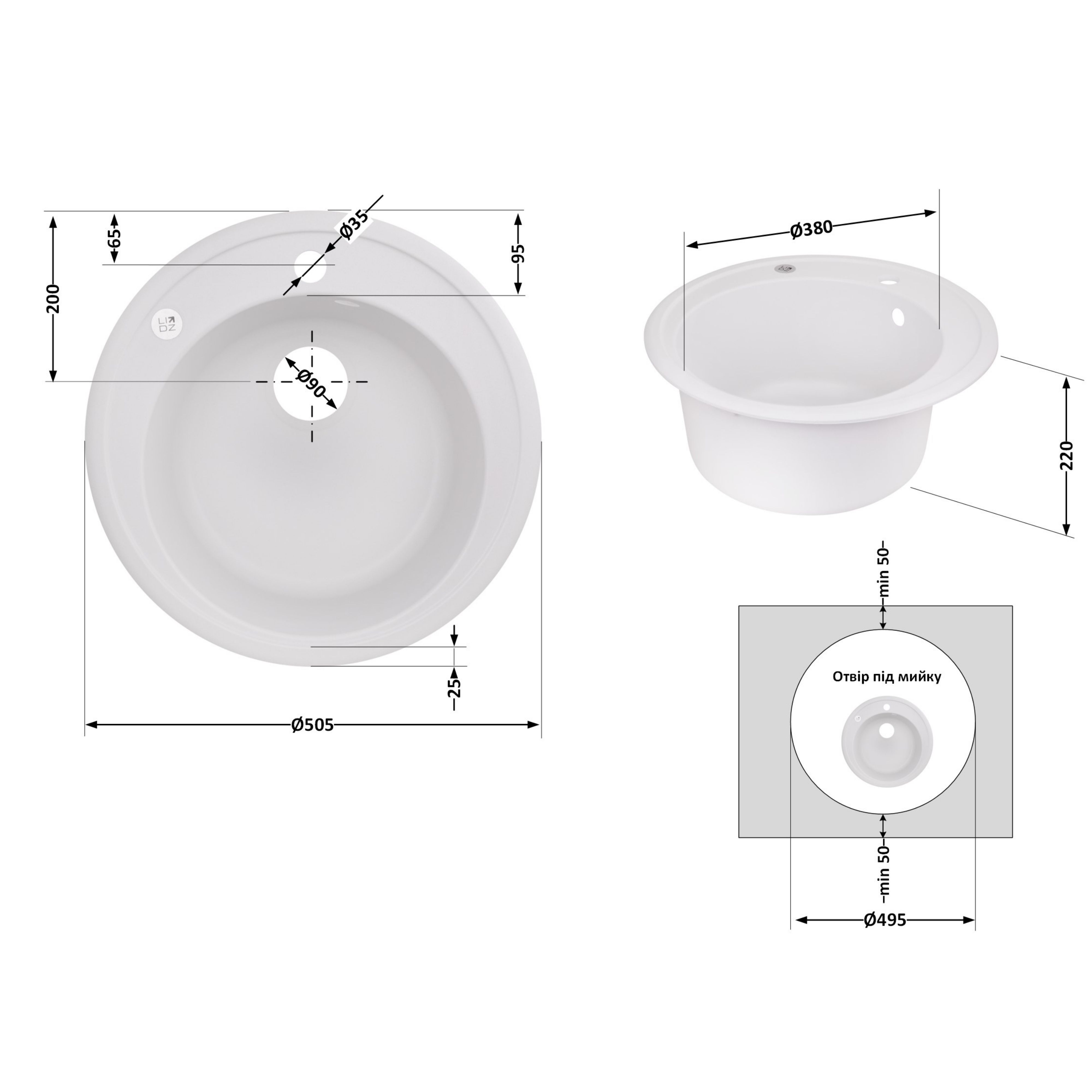 Кухонна мийка Lidz D510/200 WHI-01 (LIDZWHI01D510200) 1