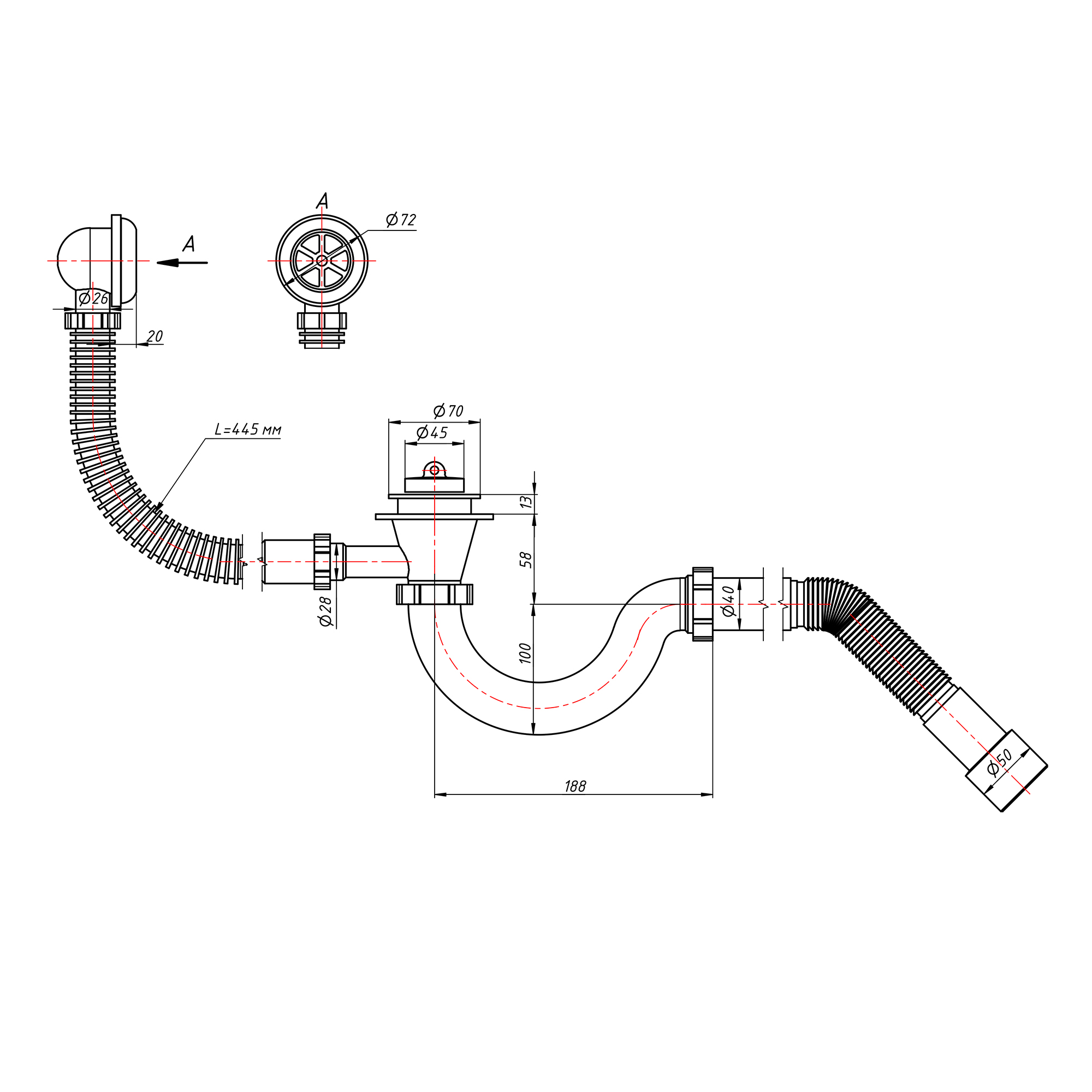 Сифон для ванни Lidz (WHI) 60 03 V001 00 прямоточний (вихід 50 мм) 1