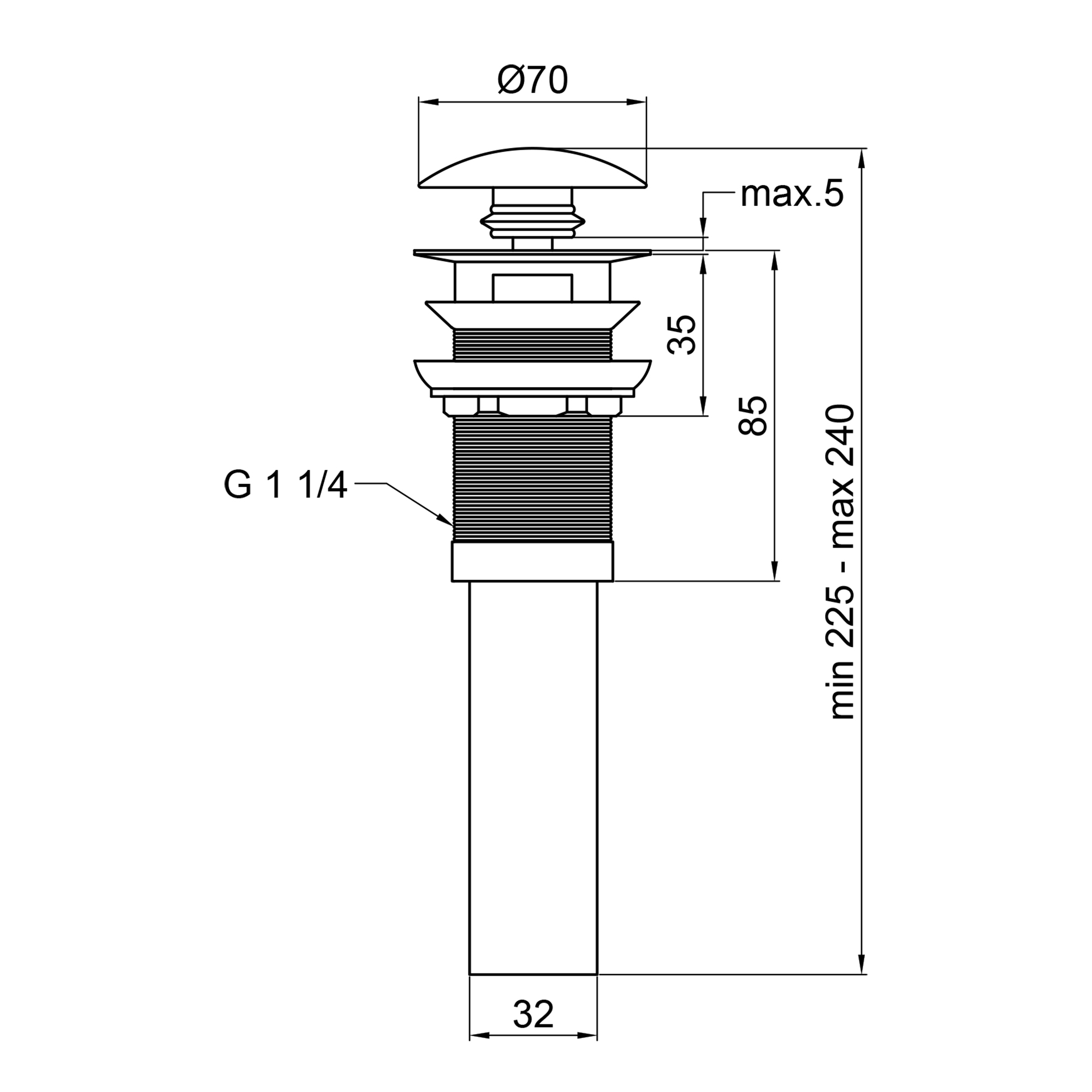 Донний клапан для раковини Qtap PU03O 225х70х70 Matt black з переливом 1