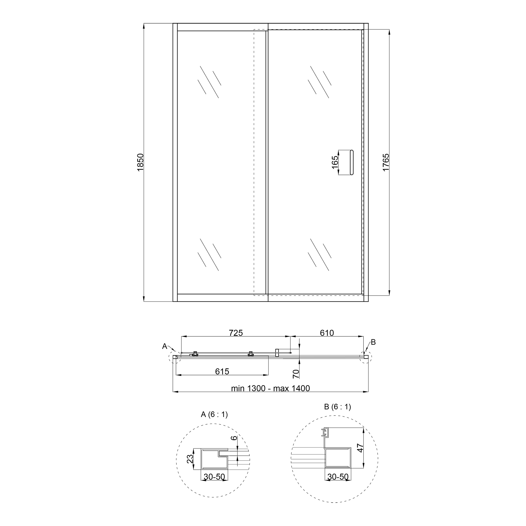 Душові двері в нішу Qtap Taurus CRM2013-14.C6 130-140x185 см, скло Clear 6 мм, покриття CalcLess 1