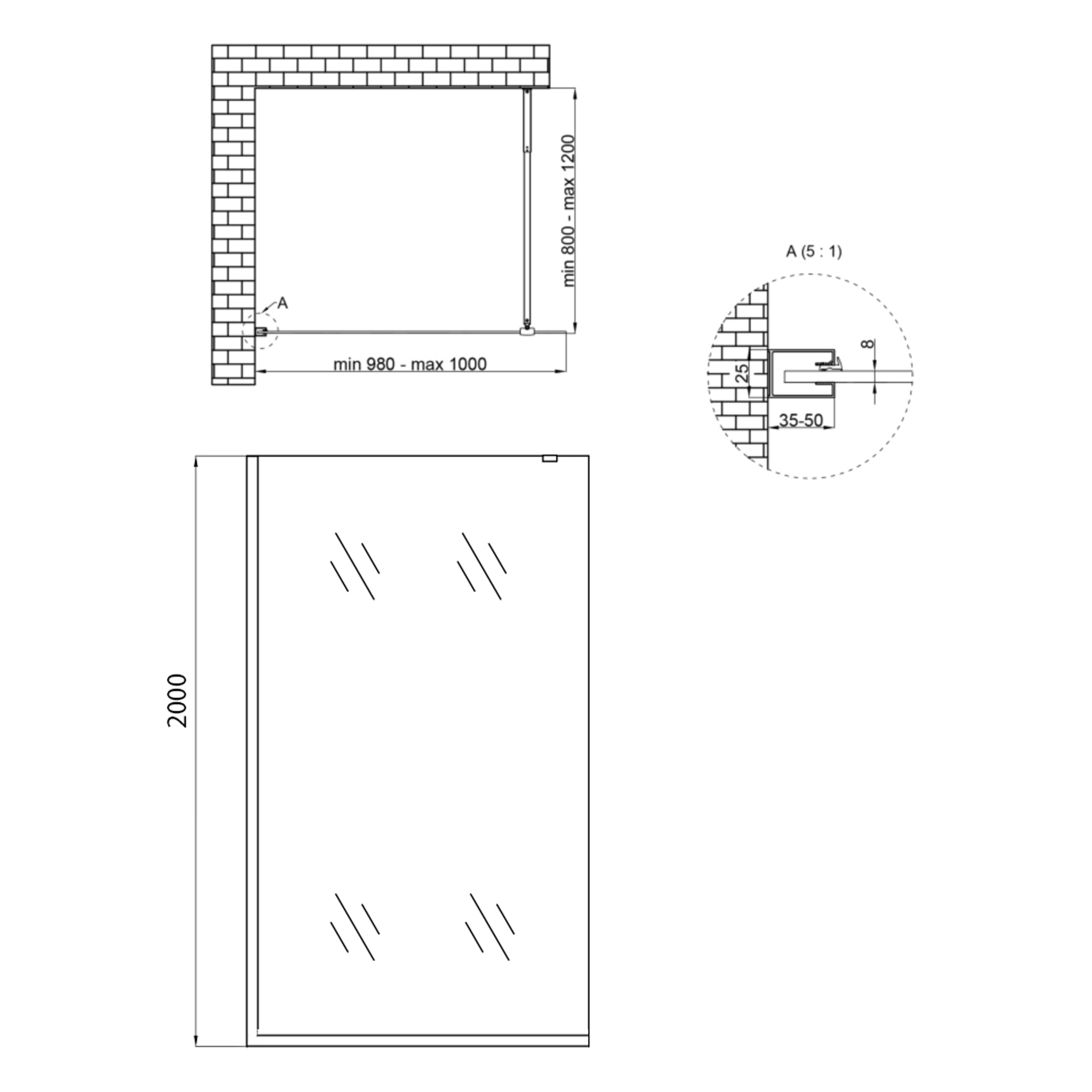 Душова перегородка Qtap Walk-In Standard CRM201.C8 100х200 см, скло Clear 8 мм, покриття CalcLess 1