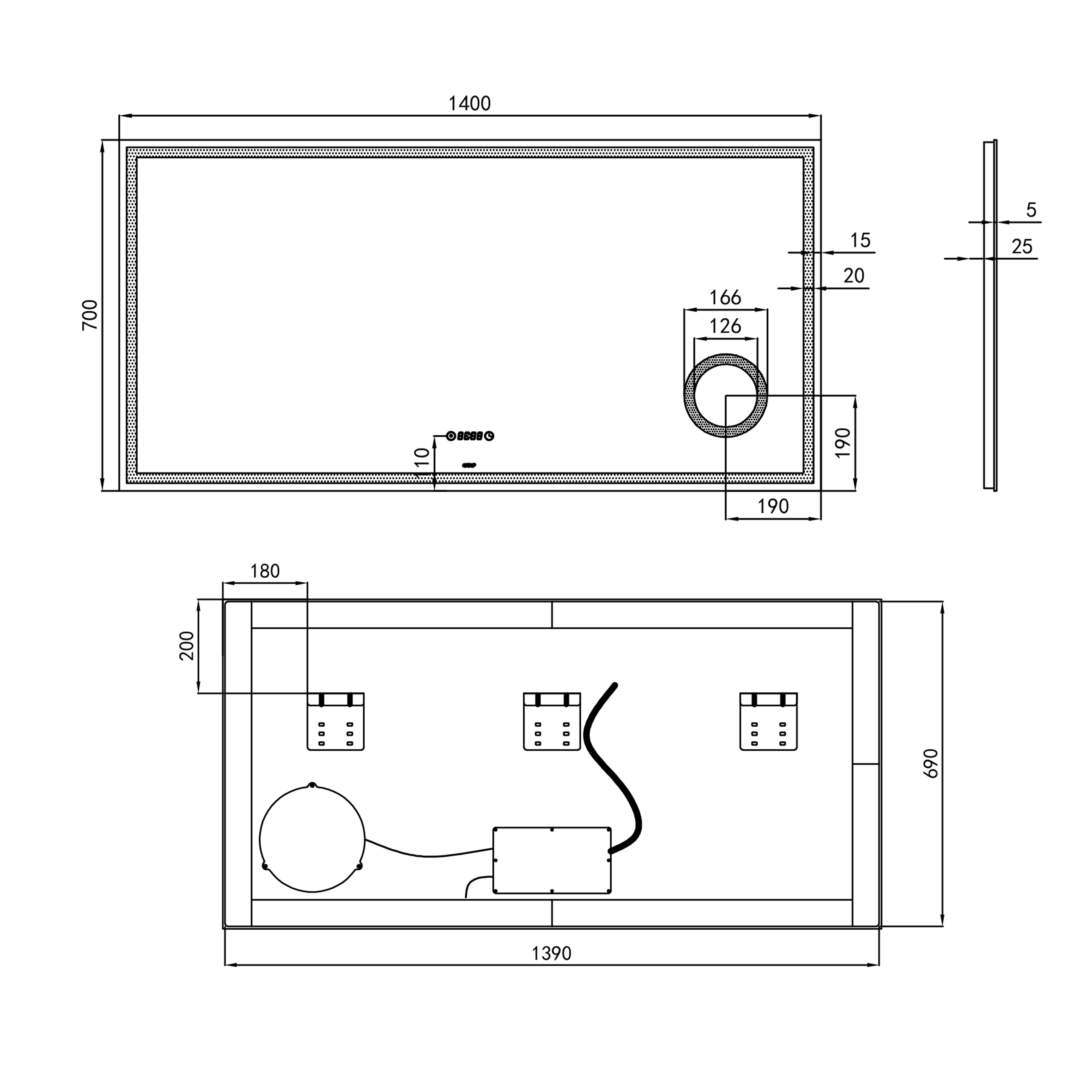 Дзеркало Qtap Stork 1400х700 з LED-підсвічуванням Touch, лінза, цифровий годинник, димер, рег. яскравості QT1578142270140W 1