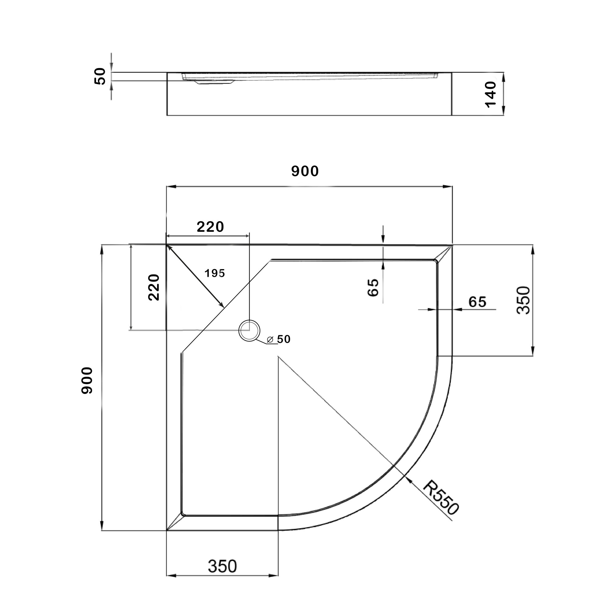 Душовий піддон Kapielka ST90x90x14 низький, напівкруглий, діаметр зливу 52 мм Lidz 1