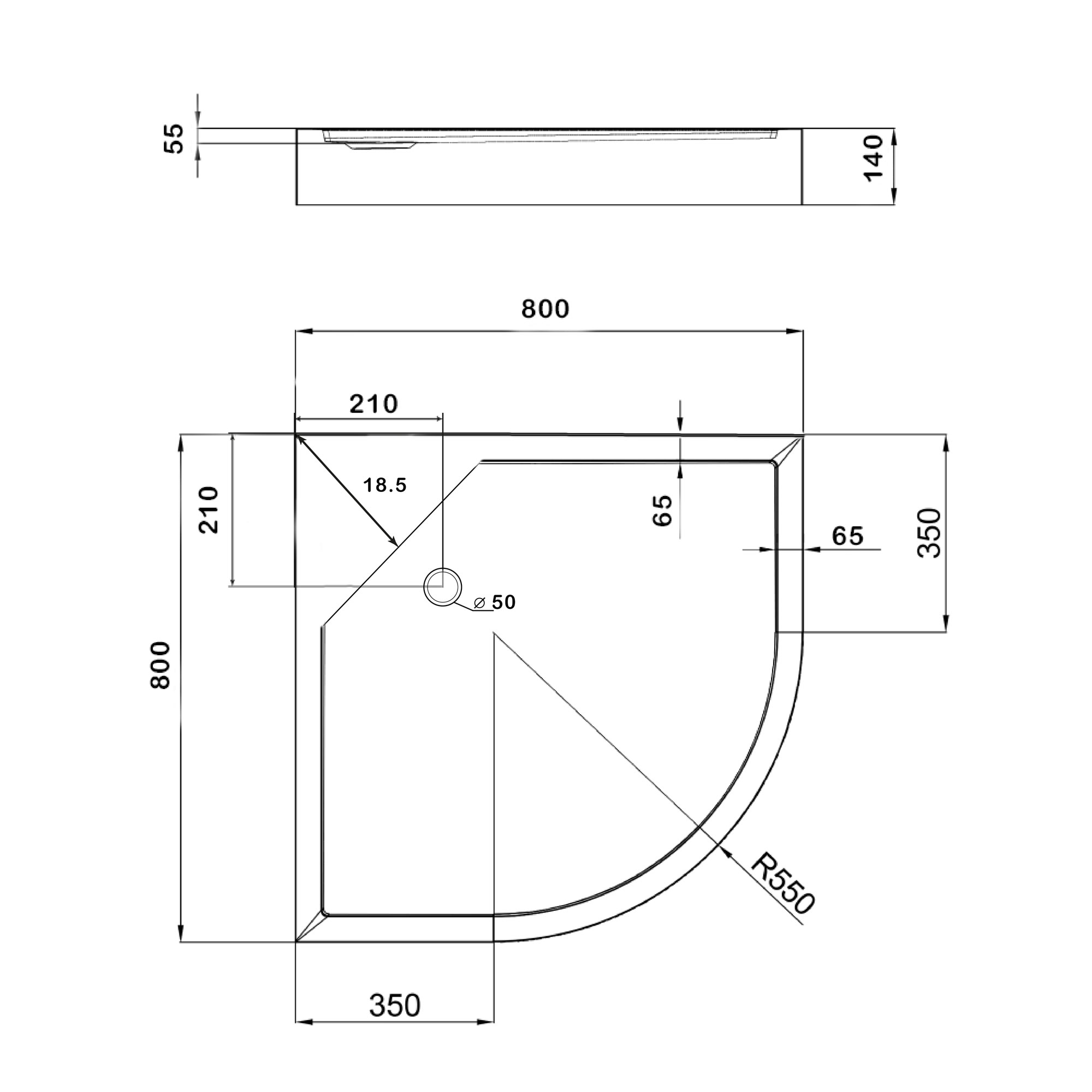 Lidz Душовий піддон KAPIELKA ST80x80x14 низький, напівкруглий, діаметр зливу 52 мм 1