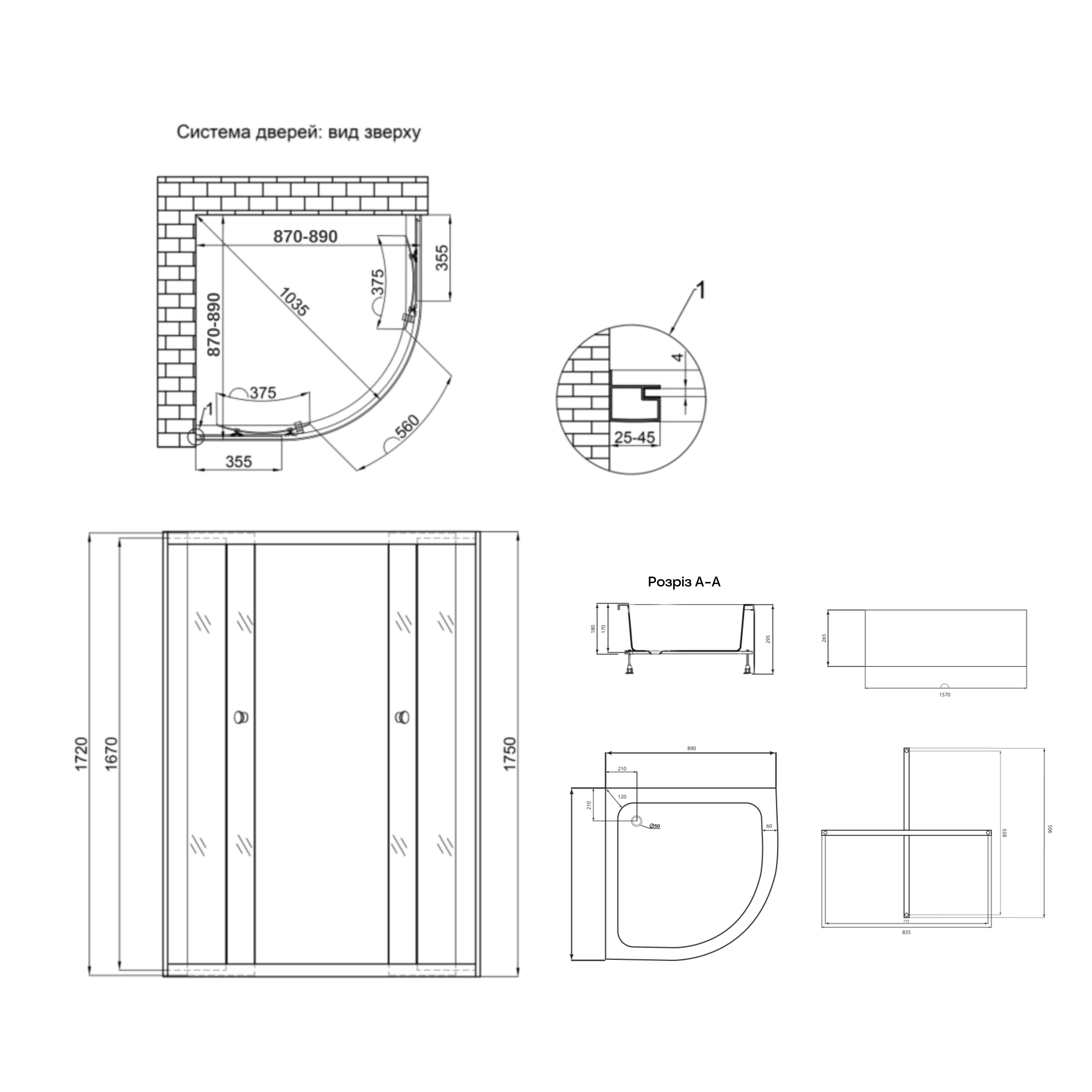 Душова кабіна Latwa SC90x90.SAT.MID.FR полукругла, скло Frost 4 мм + Душовий піддон KAPIELKA ST90x90x26, з панеллю Lidz 1