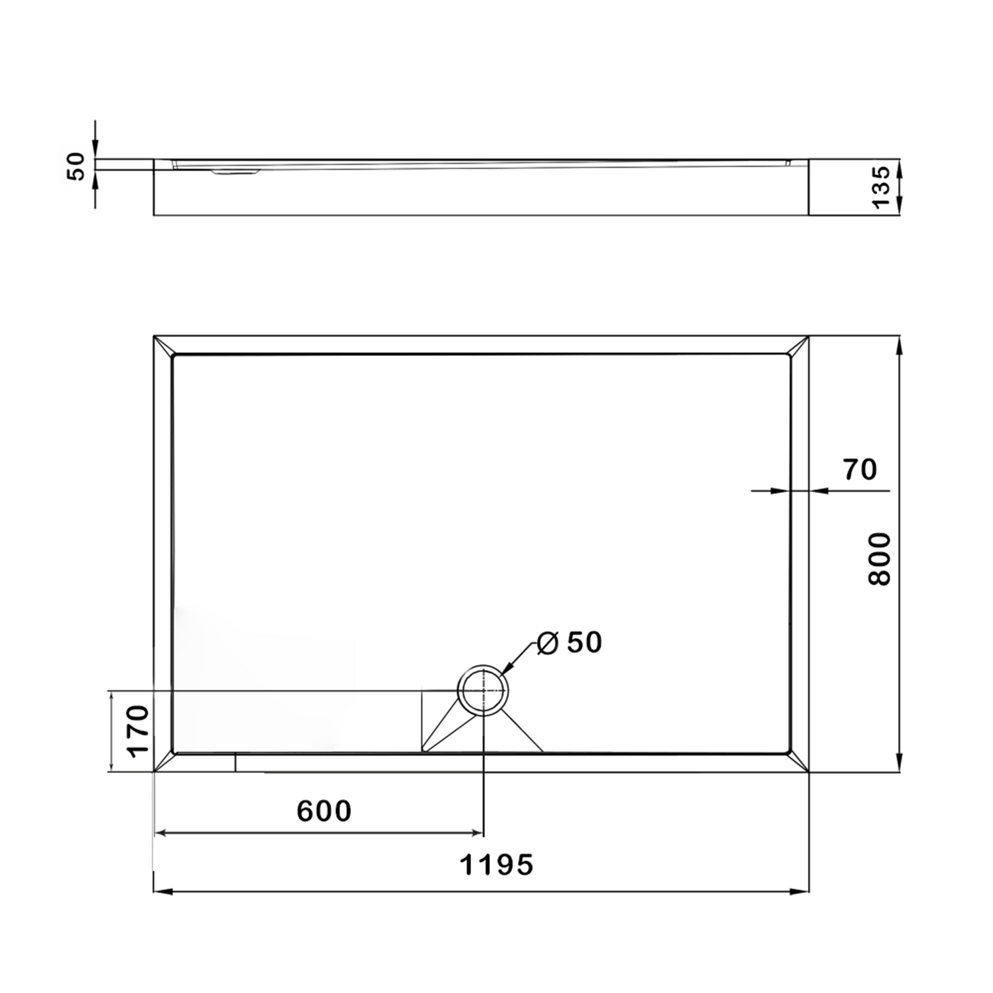 Душовий піддон KAPIELKA ST120x80х14 низький, прямокутний, діаметр зливу 52 мм Lidz 1