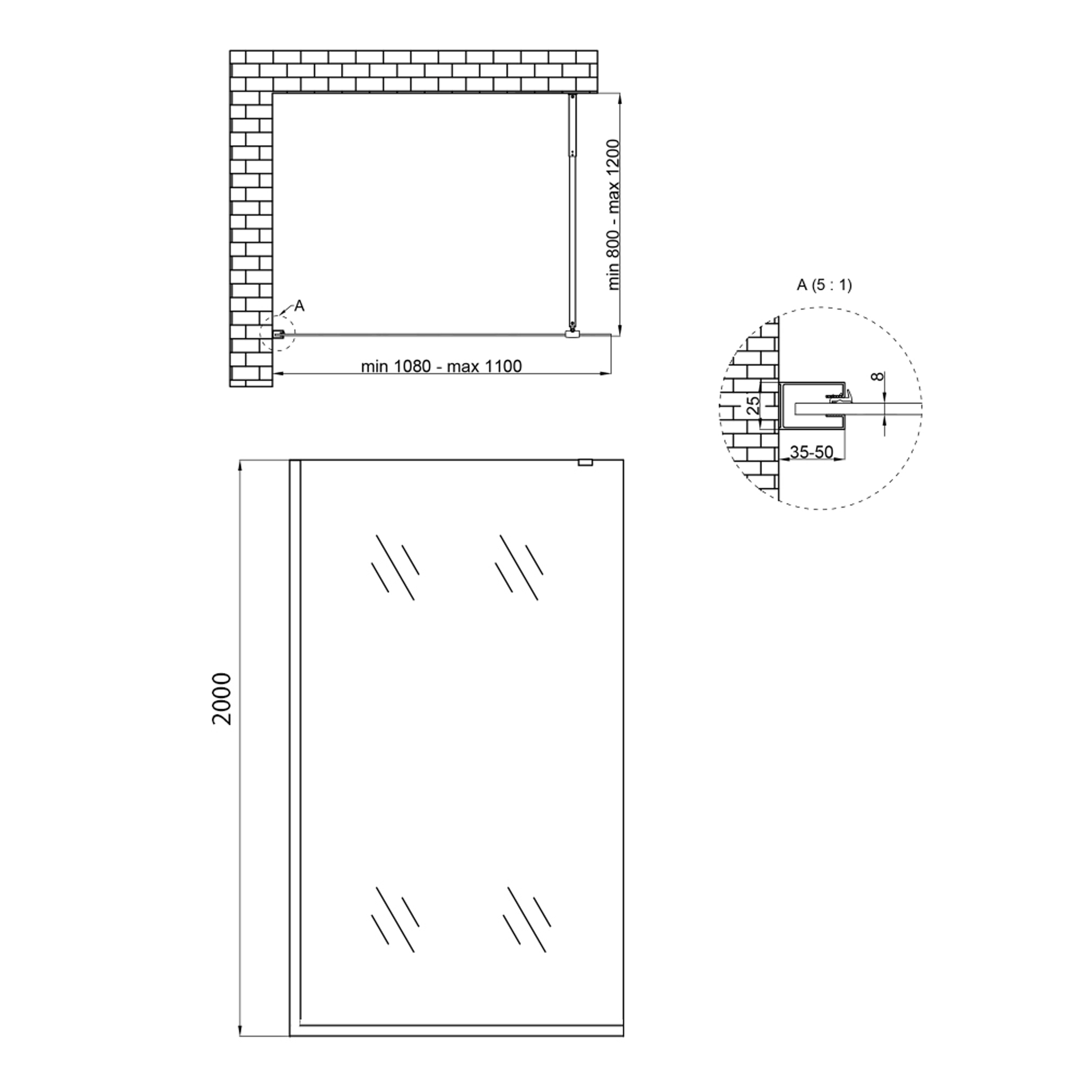 Душова перегородка Qtap Walk-In Standard BLM2011.C8 100х200 см, скло Clear 8 мм, покриття CalcLess 1