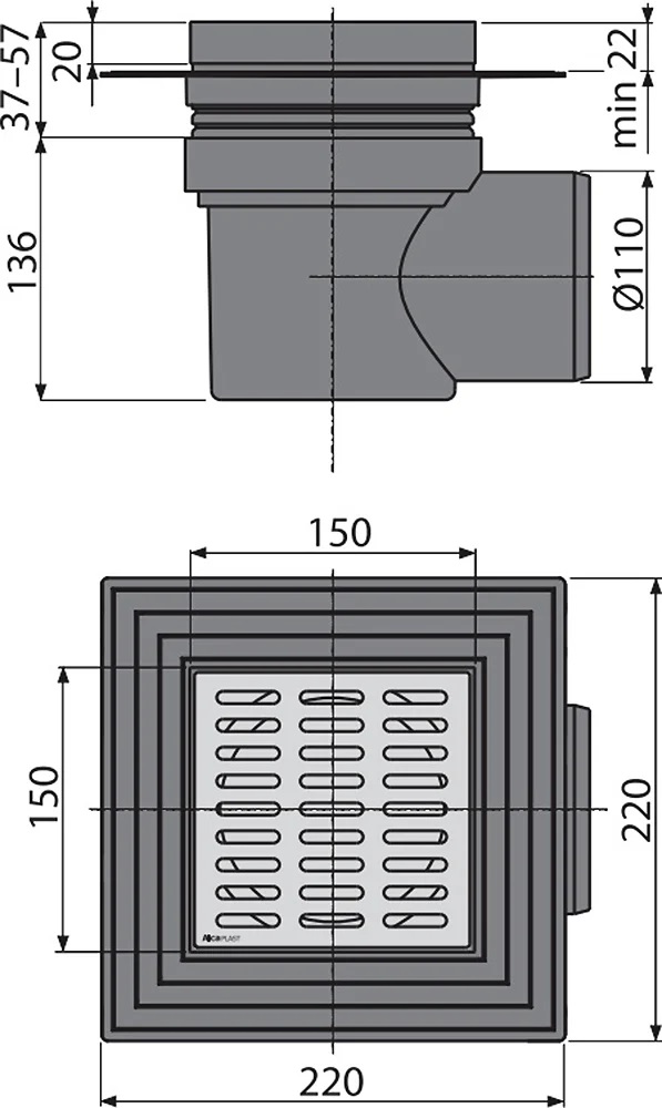 Зливний трап 150x150/110мм з бок. підвод., метал 2