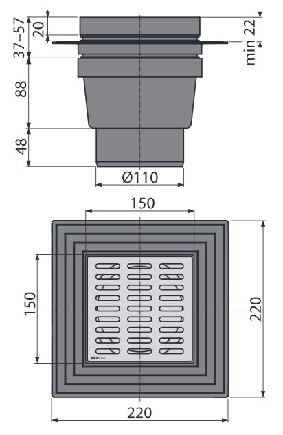 Зливний трап 150x150/110мм прямиц підвід, метал 1