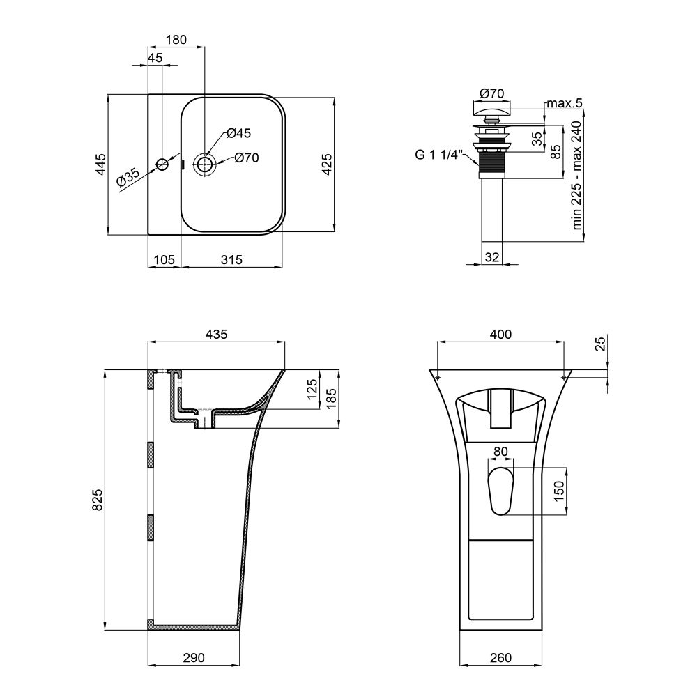 Комплект Qtap Crow: Раковина напольна моноблок 450x435x835 мм White + Донний клапан PU02O 1