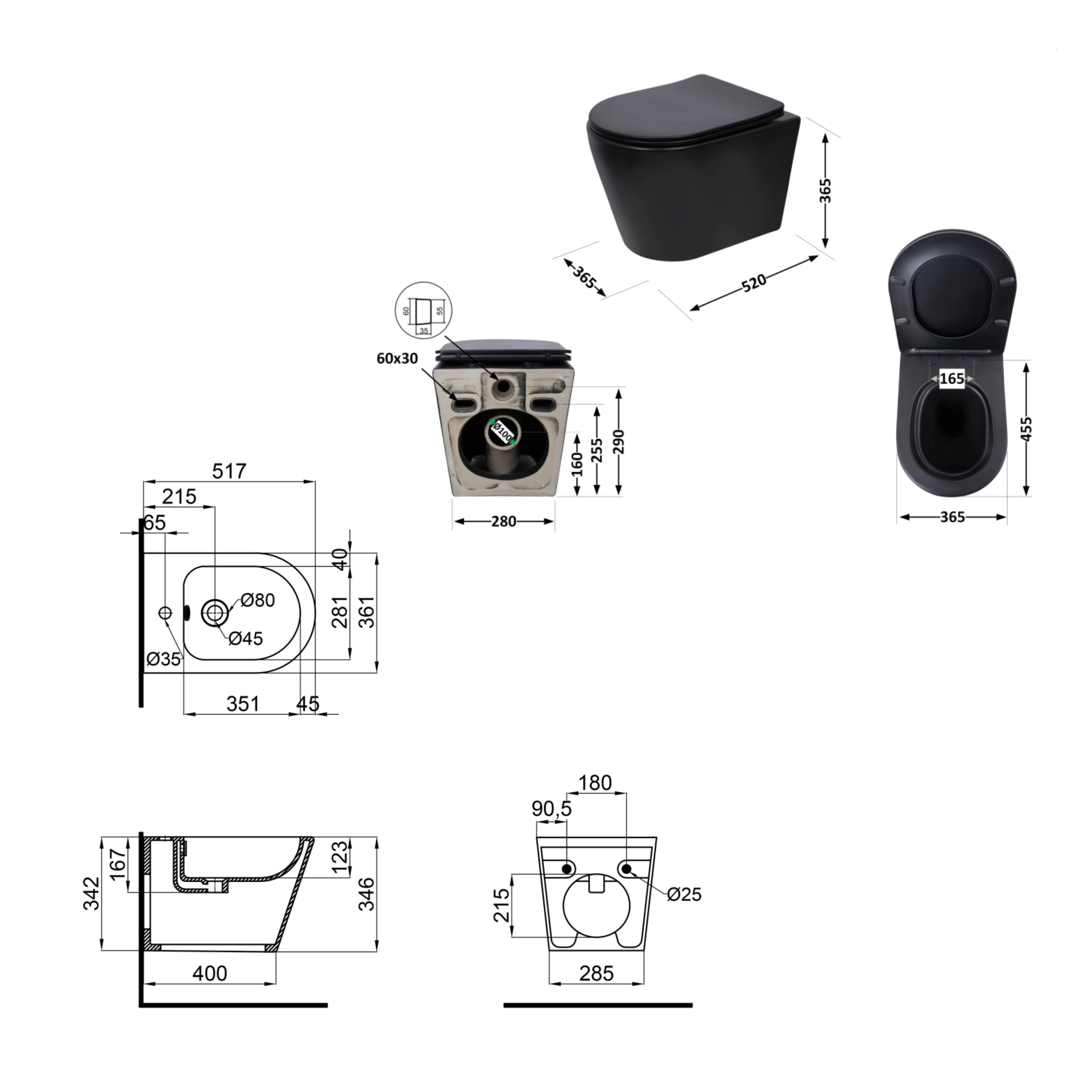 Комплект Qtap Scorpio Matt Black 2 в 1: унітаз підвісний Ultra Quiet QT14332380AMB + біде підвісне QT1455053FMB 1