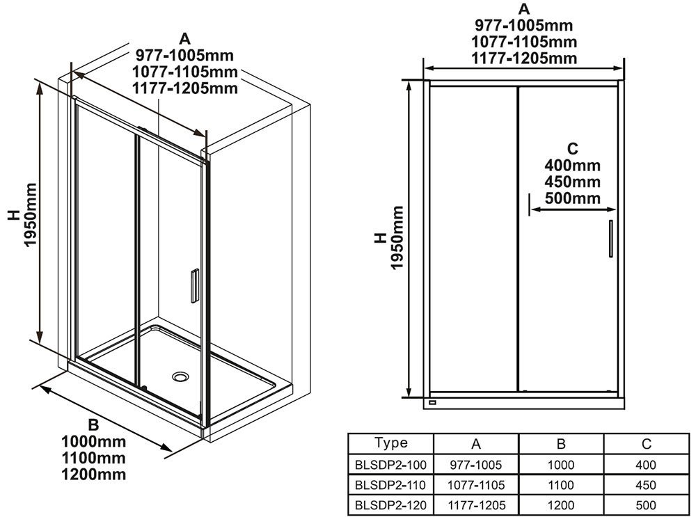 Душові двері BLSDP2-100 Чорний TRANSPARENT